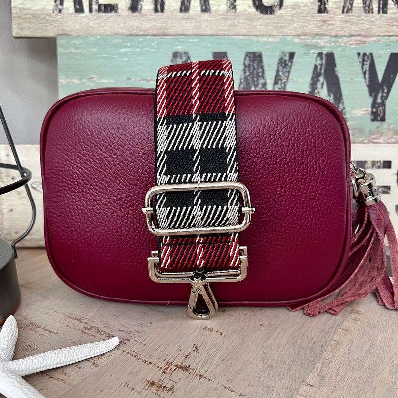 Burgundy Italian leather camera style bag combo with a wide woven strap