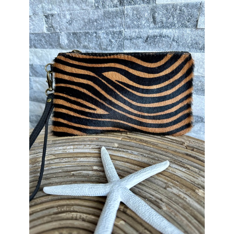 Genuine Italian Leather Brown Animal design clutch purse/bag with detachable wrist strap .