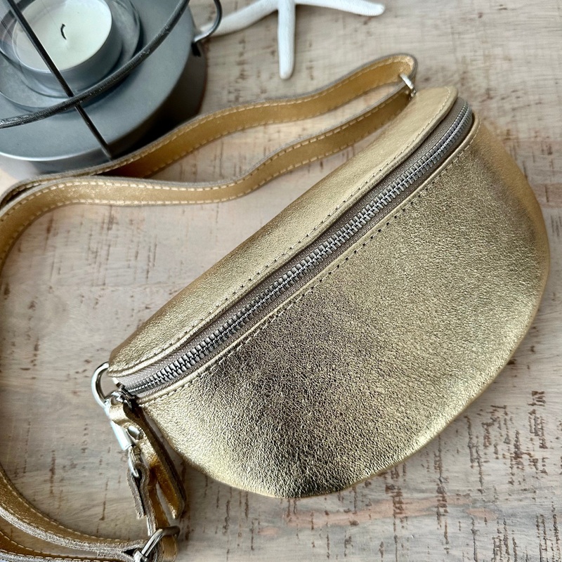 Gold Italian Leather Bum Bag / Chest Bag / Sling Bag.
