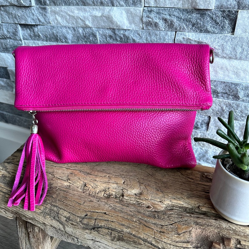Hot Pink Italian Leather Clutch Bag.