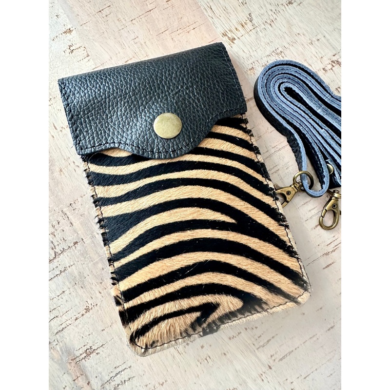 Italian Leather Multi Pocket Phone Crossbody Bag, Tiger Animal Print.