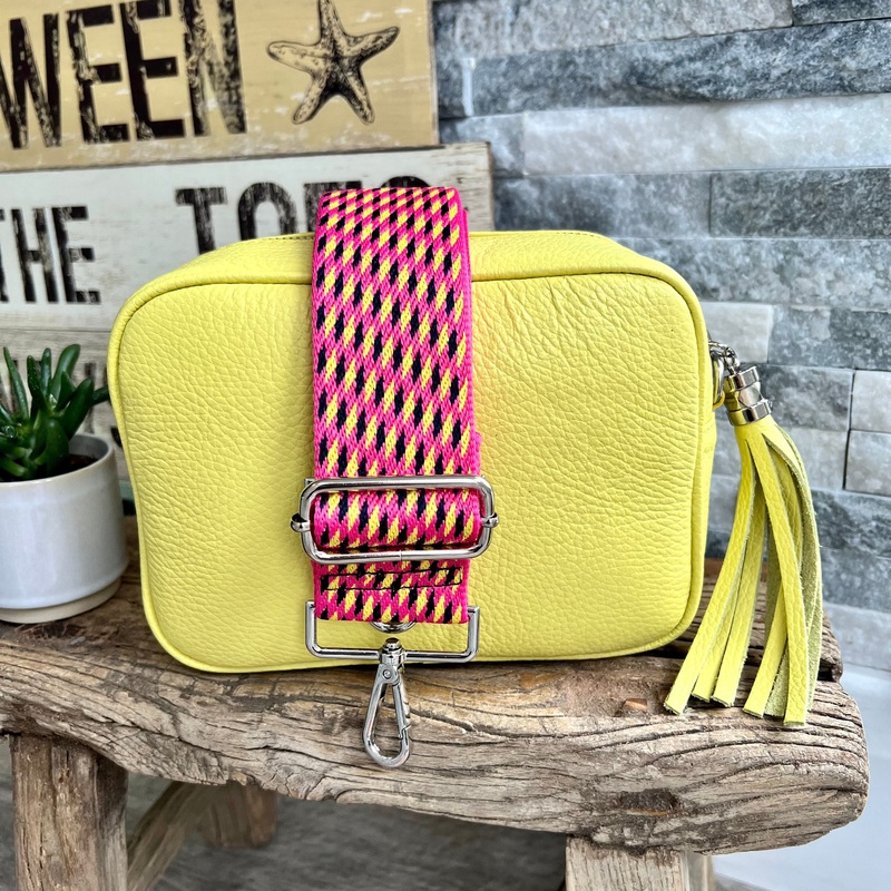 Lemon Italian leather camera style crossbody bag with wide strap combo
