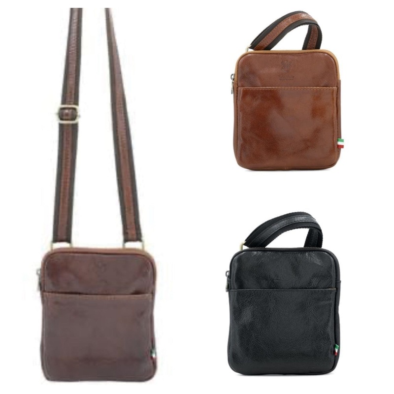 Men's / Unisex Italian Tamponato Leather Slim Square Crossbody Travel Bag