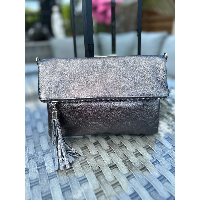 Metallic Pewter Grey Leather Clutch Bag