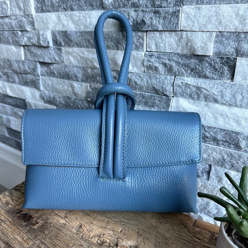 Mid Denim Blue Italian Leather Clutch Bag, Evening Bag with Loop Handle