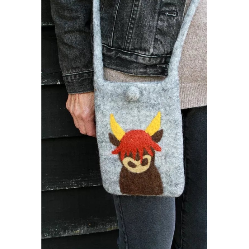 Pachamama Hand Felted Highland Cow Design Small Shoulder Bag / Handbag