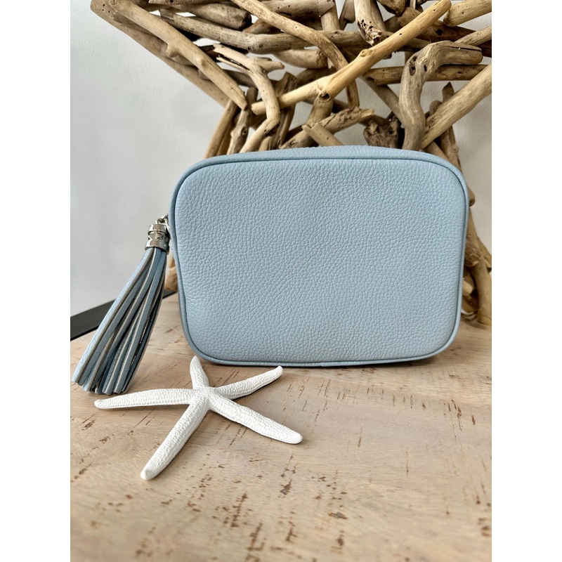 Pale Blue Italian Leather Crossbody Camera Bag