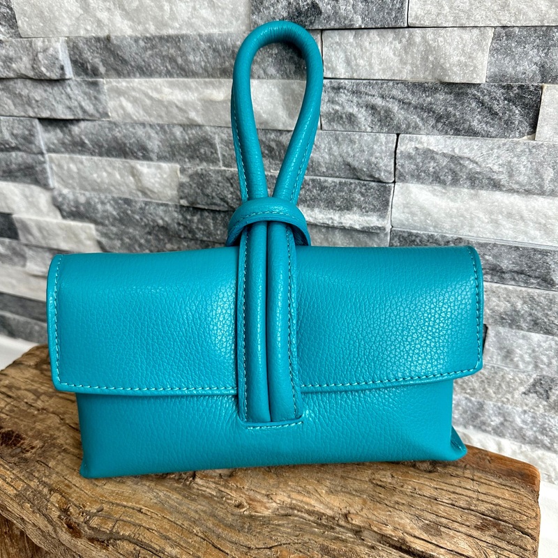 Turquoise Italian Leather Clutch Bag, Evening Bag with Loop Handle