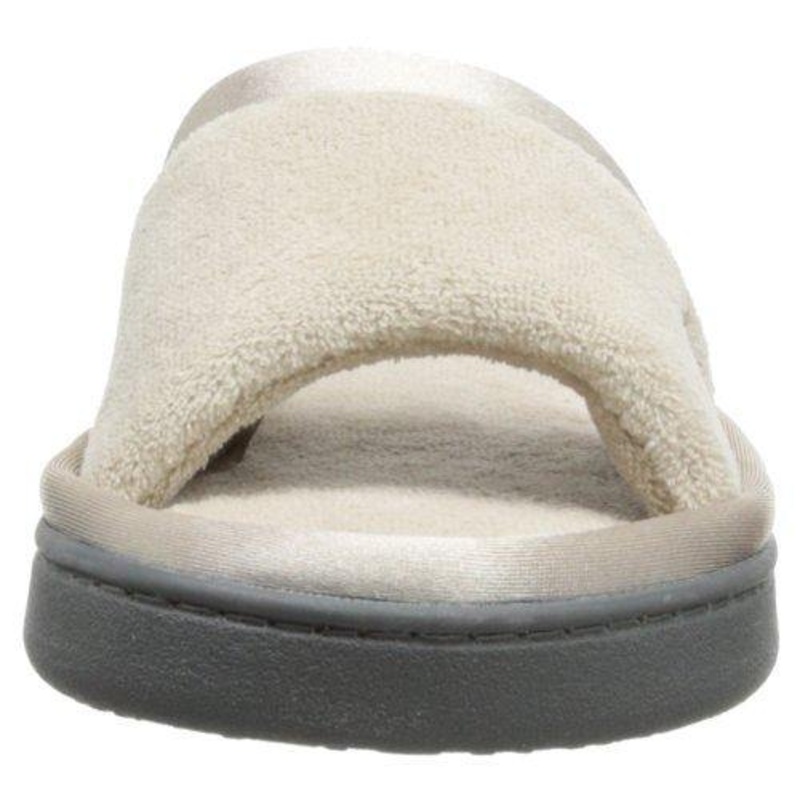 Totes isotoner Women's Microterry Slide Slipper with Satin Trim, Stone, 7.5/8