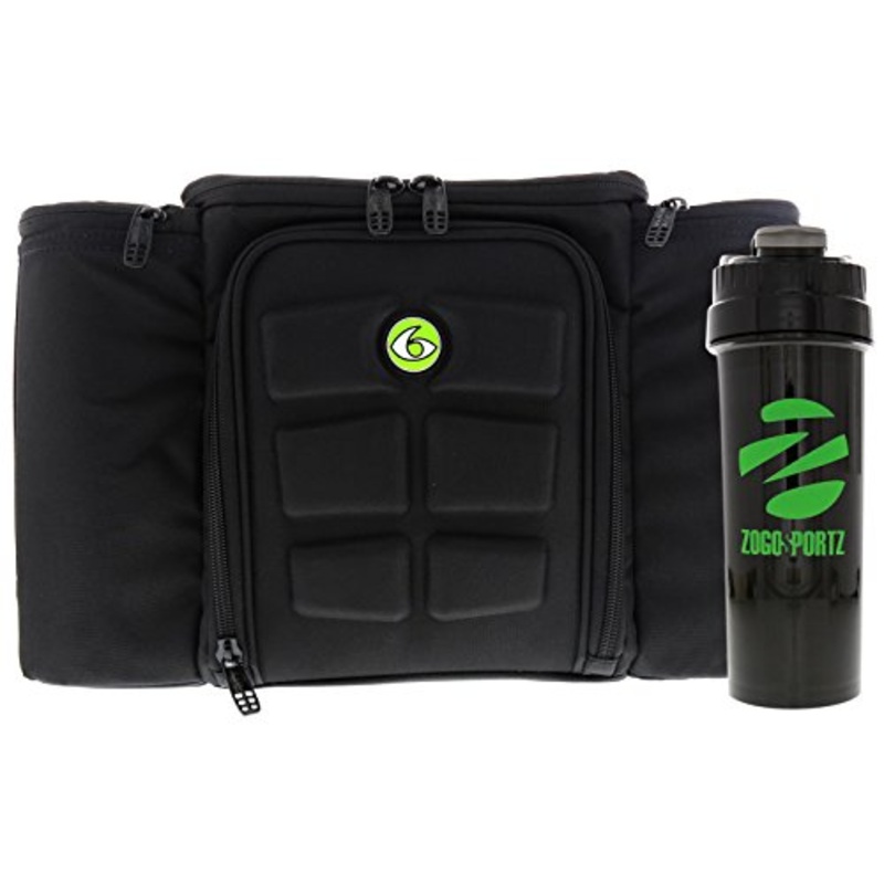 6 Pack Fitness Insulated Meal Prep Bag, Innovator 300 Black/Neon Green (3 Meal) w/Bonus ZogoSportz Cyclone Shaker