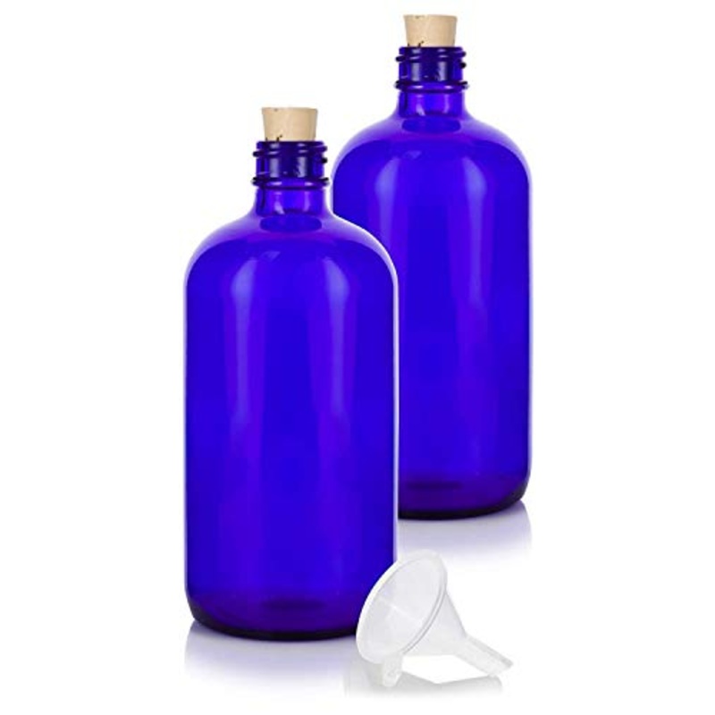 16 oz Cobalt Blue Glass Boston Round Bottle with Cork Stopper Closure + Funnel (2)