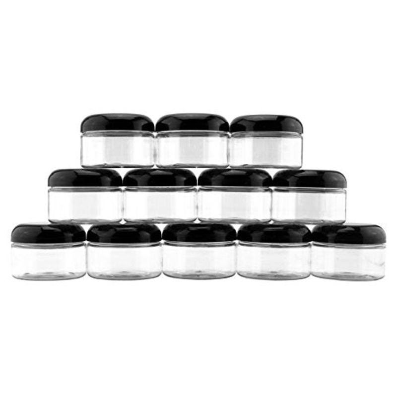 4-Ounce Clear Plastic Jars (12-Pack); Jars w/Black Domed Lids for Cosmetics, Kitchen Spices, Crafts & Office