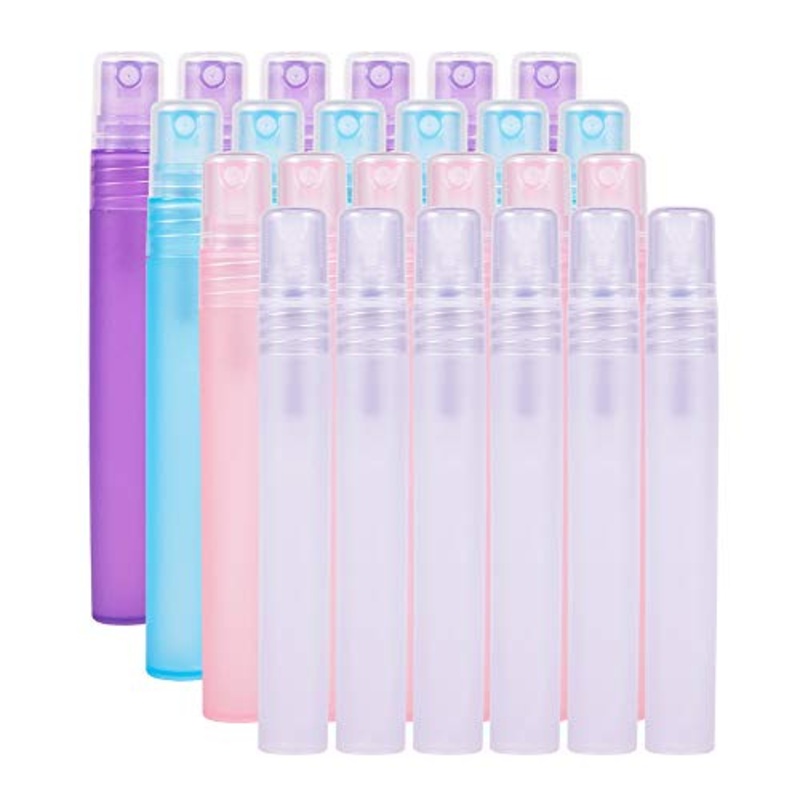 BENECREAT 24 Pack 10ml(0.34oz) Frosted Plastic Perfume Bottle Fine Mist Spray Bottles with Atomizer Pumps for Perfume, Essential Oils and Other Beauty Product, 4 Colors
