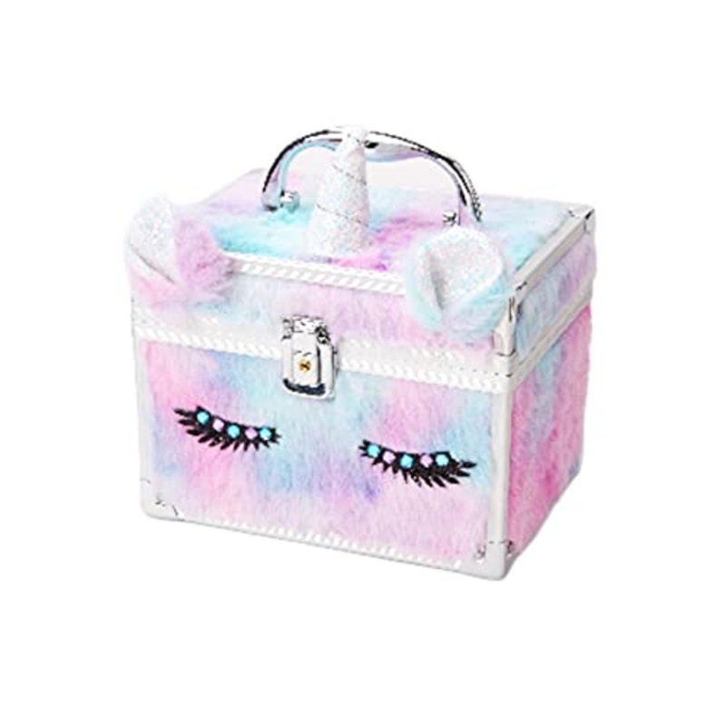 Claires Furry Pastel Unicorn Lock Box for Girls, Pink/Purple/Blue, Polyester/Metal, 8W x 6H x 6D Inches, Includes 2 Keys