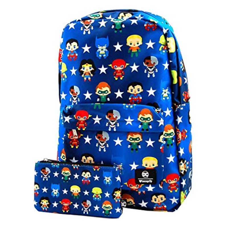Loungefly Justice League Chibi Nylon Backpack and Pouch Set (Blue)