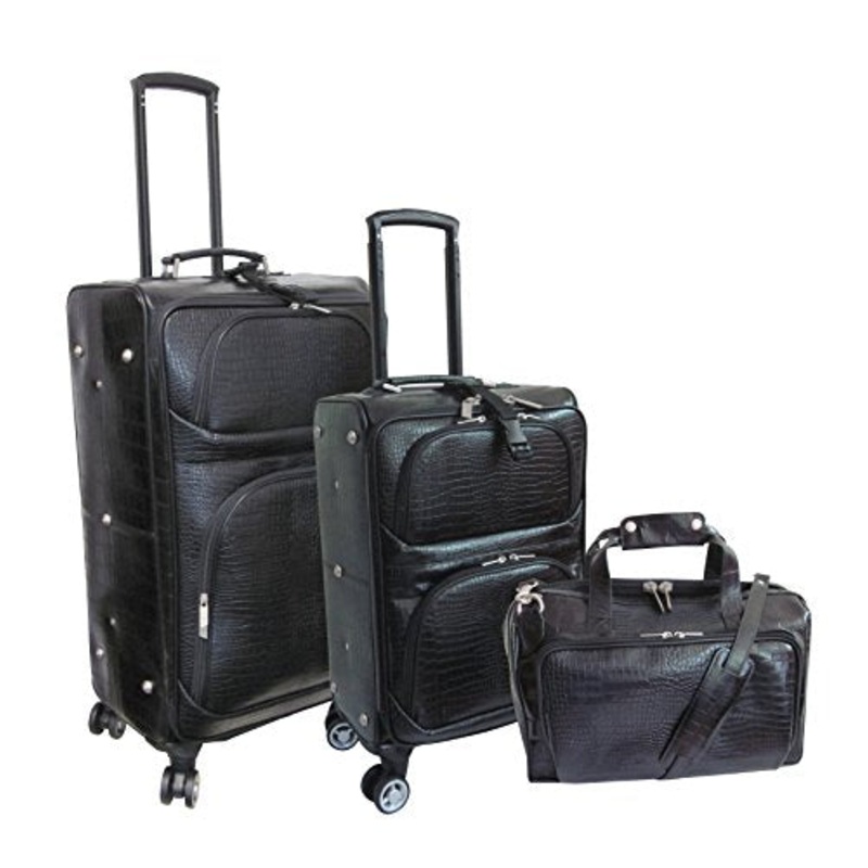 Amerileather Leather Croco-Print Three Piece Set Traveler On Spinner Wheels (#8603-0) (Black)