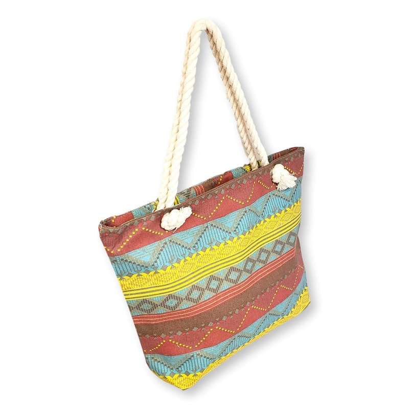 101 BEACH Medium Sized Summer Print Canvas Beach Tote Bag ... (Burgundy Teal Boho Stripe)