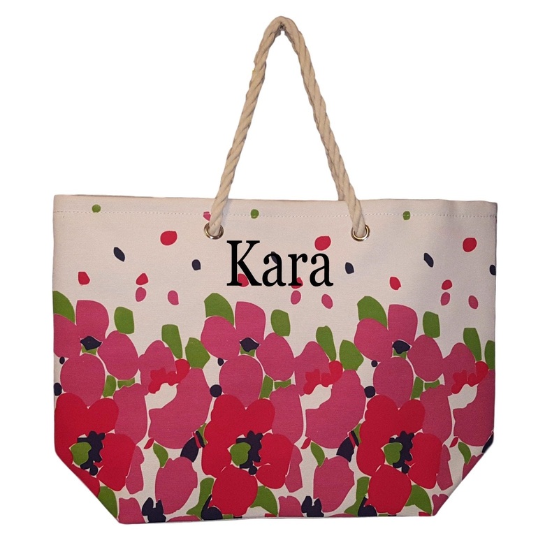 Floral Design Beach Bag by Karen Keith - Personalization Available (Embroidered Name - Pink)