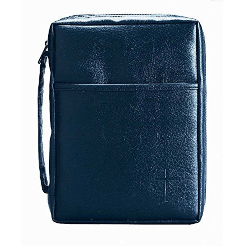 Blue Embossed Cross With Front Pocket X-Large Leather Look Bible Cover With Handle