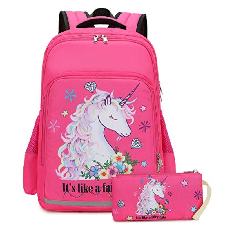 Girls Backpack Elementary Kids Fairy Bookbag Girly School bag Children Pencil Bag (Rosy - Fairy tale unicorn 2pcs)