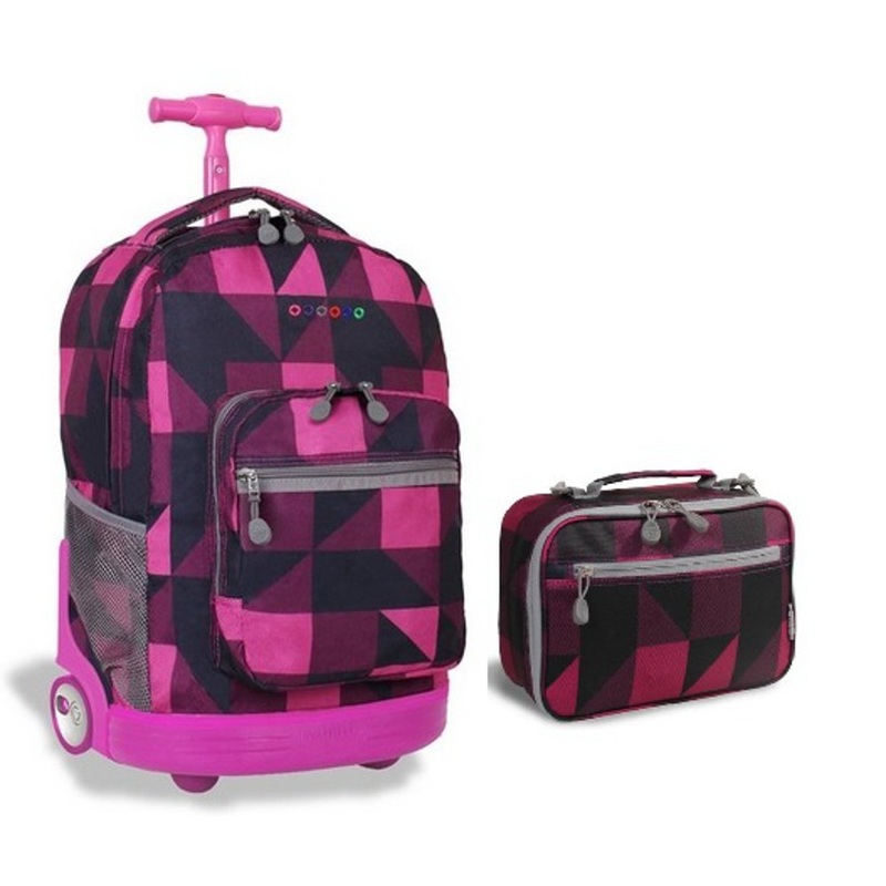 J World Block Pink Sunrise Roller Backpack Back Pack and Cody Lunch Bag Bundle Set