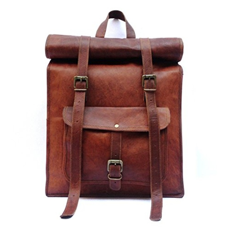 Men'S Leather Vintage Roll On Laptop Backpack Rucksack One Size Brown