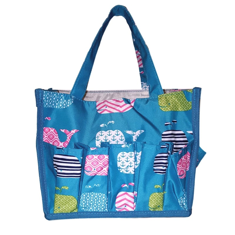 Small Fashion Organizing Tote Bag - 12 Outside Pockets 10" x 8" x 8" - Personalization Available (Turquoise Whale)