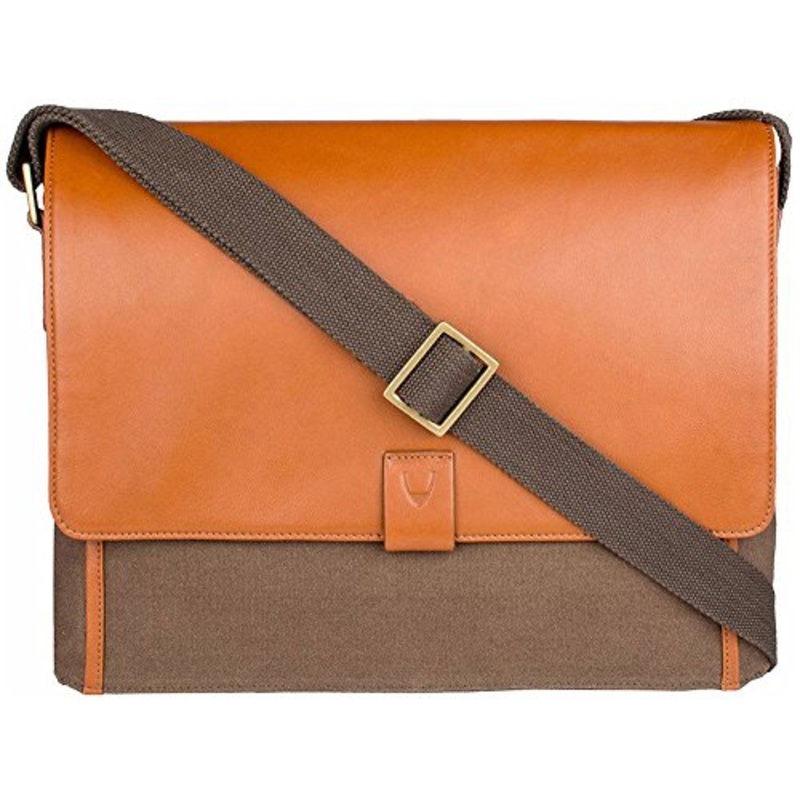 Hidesign Aiden Canvas And Leather Business Laptop Messenger Cross Body Bag, Desert Palm