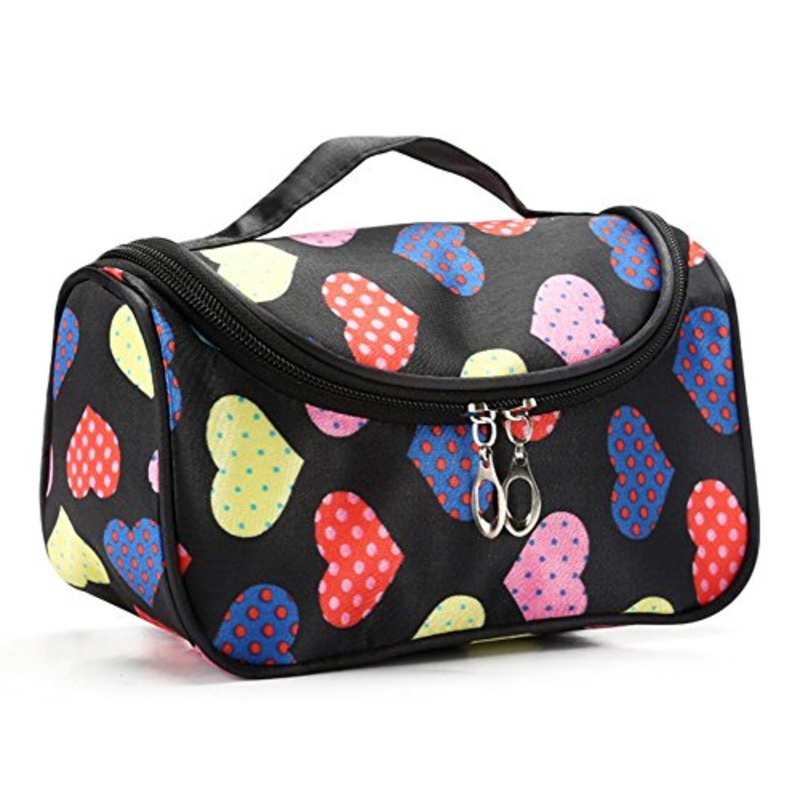 Stylesilove Womens Compact Cosmetic Organizer Beauty Essential Makeup Bag (Multi Hearts Black)