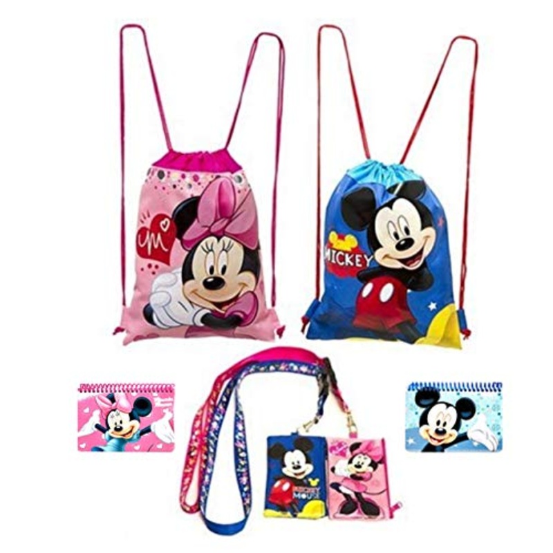 Disney Mickey and Minnie Mouse Drawstring Backpacks Plus Lanyards with Detachable Coin Purse and Autograph Books (Set of 6)