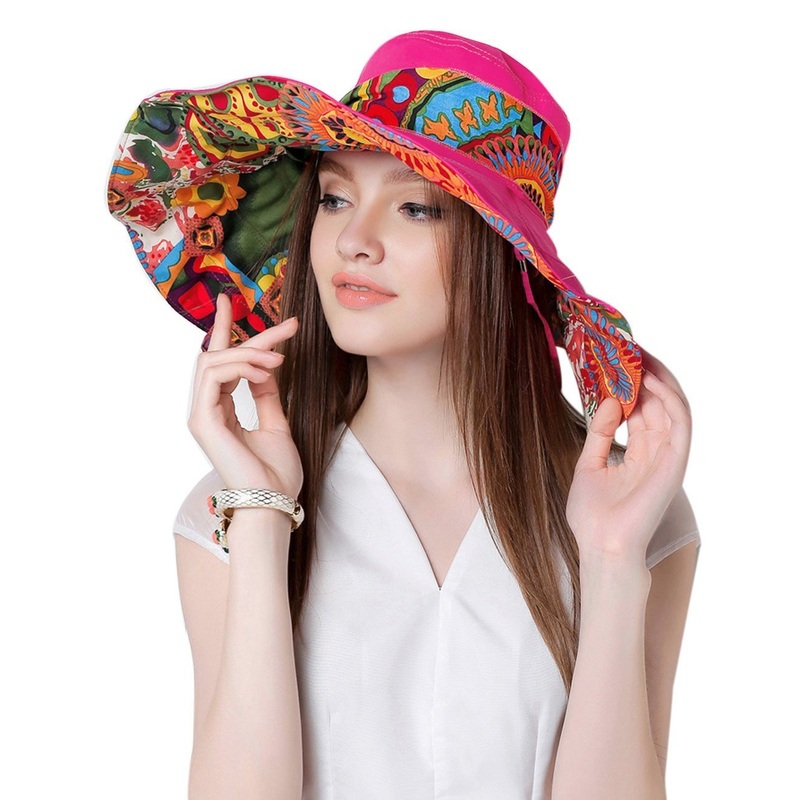 Fakeface Women Ladies Floral Large Brim Floppy Hat Foldable Anti-UV Summer Bucket Hat Holiday Travel Shopping Camping Beach Sun Hats Cap Topee UPF 50+ Rose
