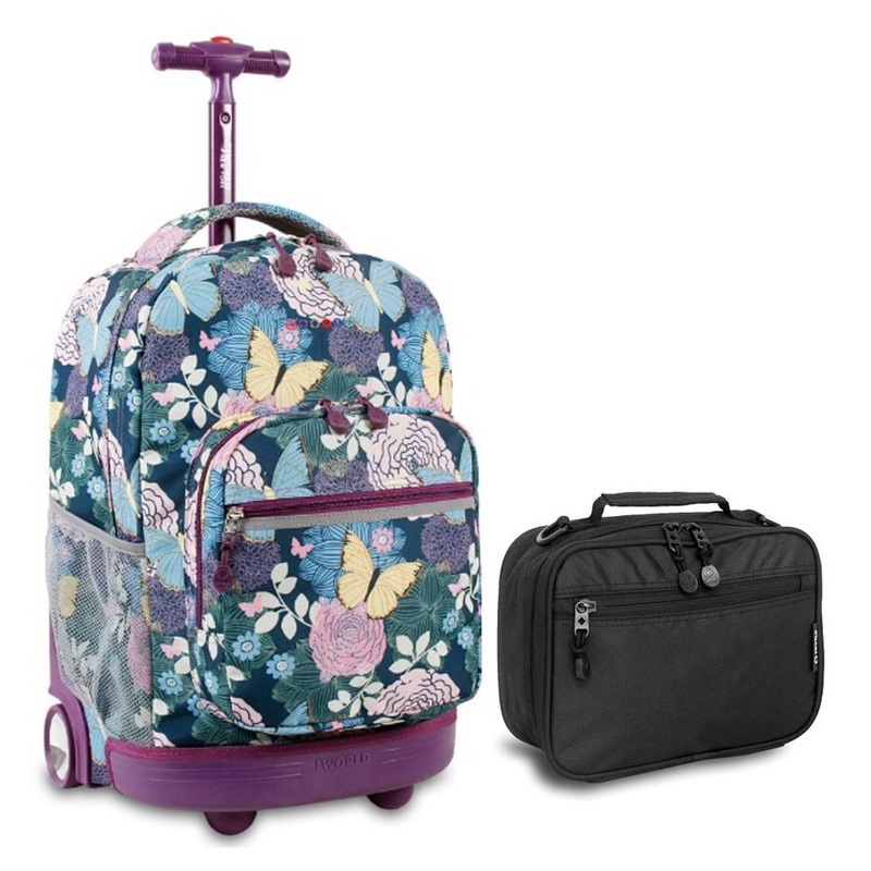 J World Secret Garden Sunrise Roller Backpack Back Pack and Black Cody Lunch Bag Bundle Set