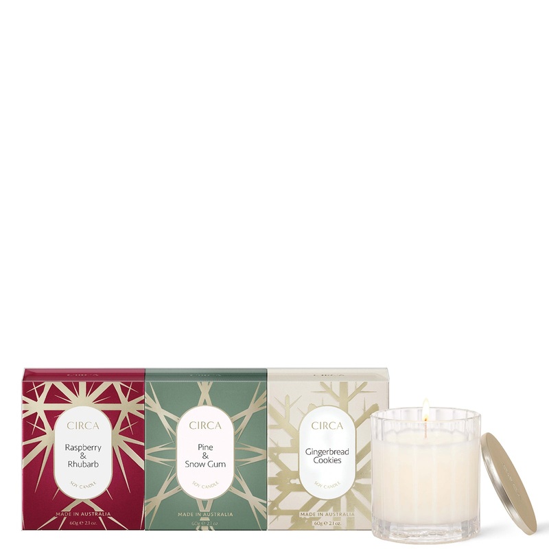 CIRCA Pine and Snow Gum, Raspberry and Rhubarb, Gingerbread Cookies Candle Trio 3 x 60g