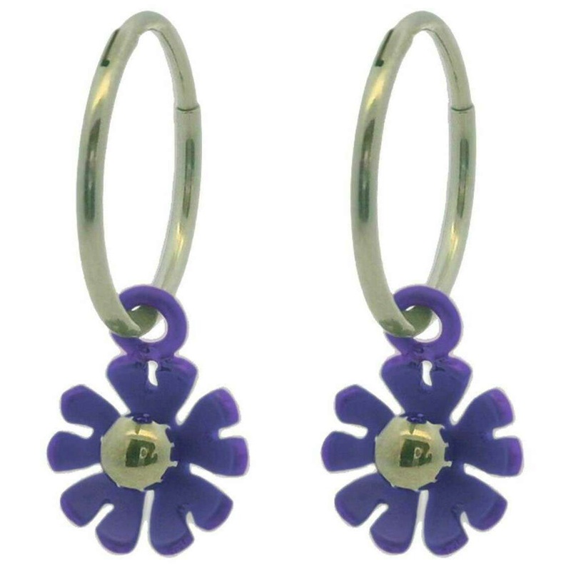 Ti2 Titanium Ten Petal Flower Charm Hoop Earrings - Purple