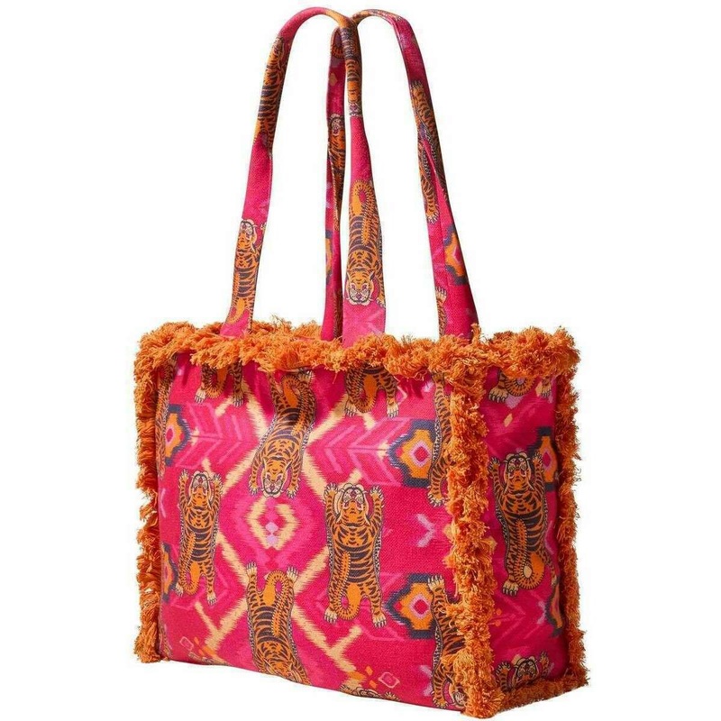 Powder Ikat Tigers Fringed Box Tote - Fuchsia Pink