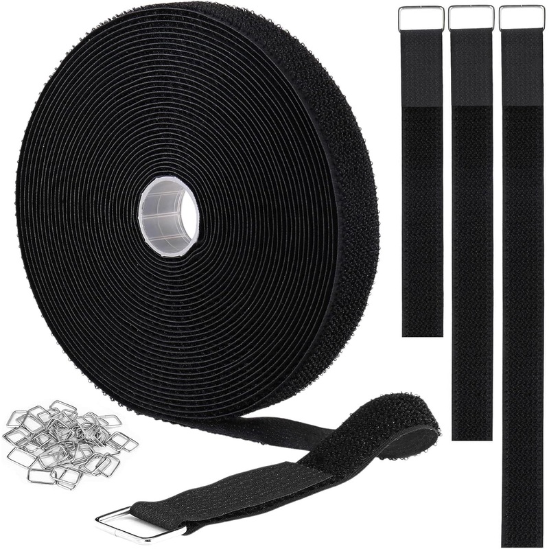 1"X32Ft Hook and Loop Straps with 50 Metal Buckles, Adjustable Fastening Cable Straps, Cut-To-Length Cinch Strap, Reusable Nylon Securing Cord Ties for Organizer or Storage, 1 Inch Wide, Black