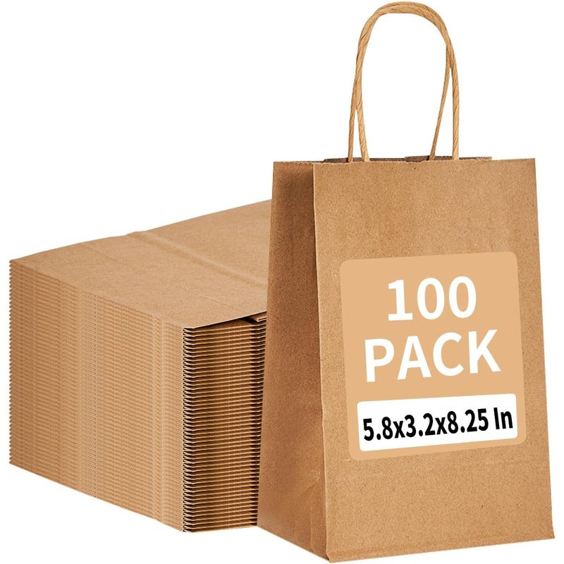 100 Pack 5.8X3.2X8.25 Inch Brown Kraft Paper Gift Bags with Handles - Bulk Small Plain Natural Bags for Birthday Party Favors, Grocery, Retail Shopping, Wedding, Craft, Goody, Takeouts, and Business