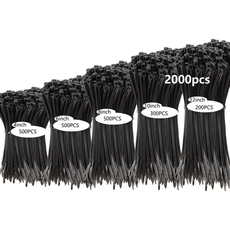 2000 PCS Zip Ties Assorted Sizes 4+6+8+10+12 Inch Self-Locking Nylon Cable Ties Outdoor, UV Resistant Wire Straps for Home Office Garden Workshop Indoor Outdoor Fence(Black)
