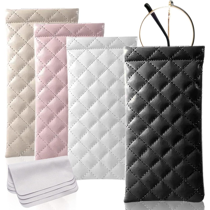 4 Pcs Squeeze Top Sunglass Case with Cleaning Cloth, Soft Leather Eyeglass Case Portable Sunglasses Pouch