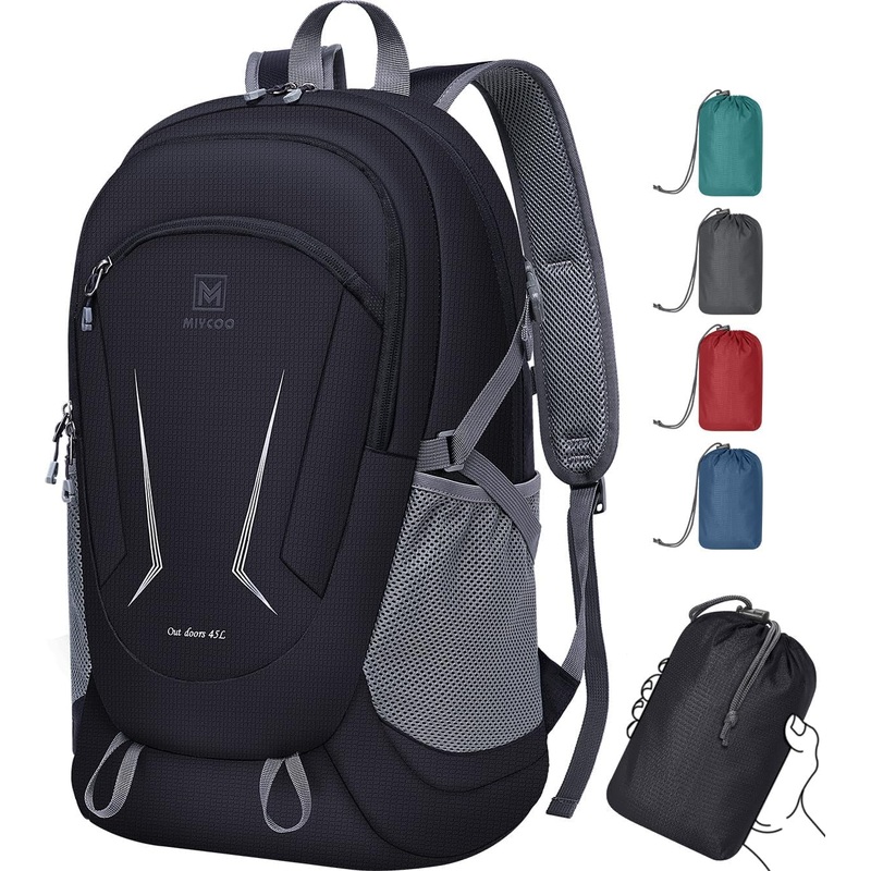 45L Foldable Travel Backpack with Survival Whistle, IPX8-Rated Waterproof, Unisex, Black