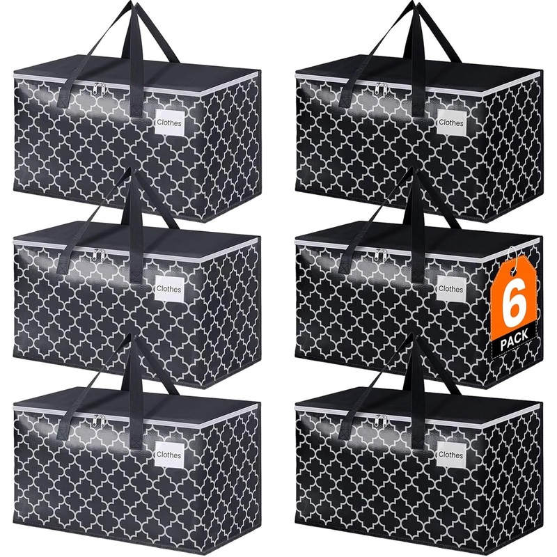 88L Heavy-Duty Moving Bags with Zipper and Handles for Packing & Storage, Black & Gray, 6-Pack