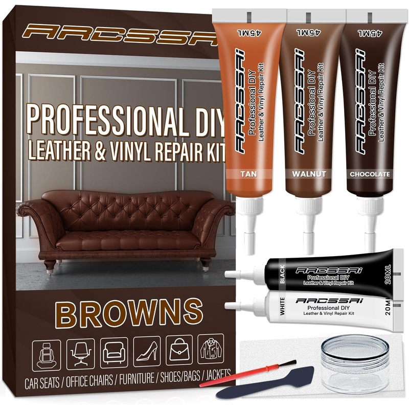 ARCSSAI ARCSSAL Brown Leather Repair Kit for Furniture, Leather Couch Repair Kit for Sofa, Jacket, Car Seats and Purse with Super Easy Instructions, Restores Any Material, Bonded, Pleather, Genuine