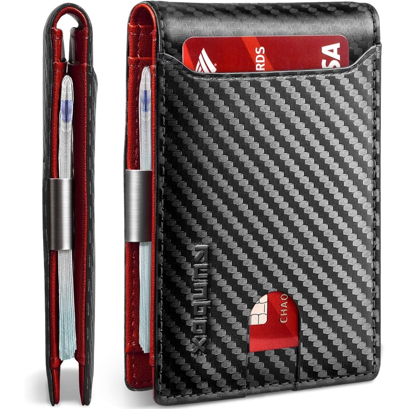 Bifold Wallets With Money Clip For Men Slim Credit Card Holder - Carbon Black & Red