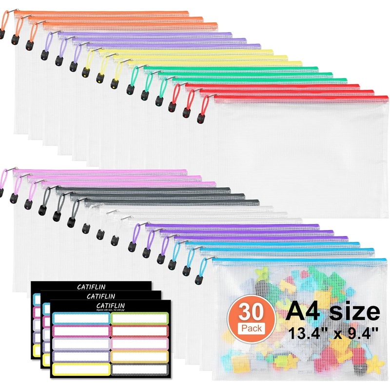 CATIFLIN 30 Pack Mesh Zipper Pouch Bags, A4 Letter Size, Clear Plastic Zip Bags for Board Game & Puzzle Storage, Waterproof & Durable Document Bags for Office, School, Travel, Art & Craft Supplies