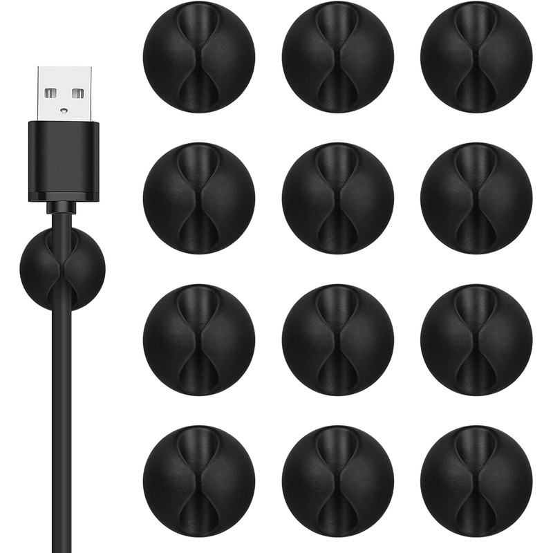 Cord Holder Cable Clips, 12PCS Black Adhesive Cord Organizer Charger Holder Wire Management Keeper for Nightstand, Desk, Office or Mouse