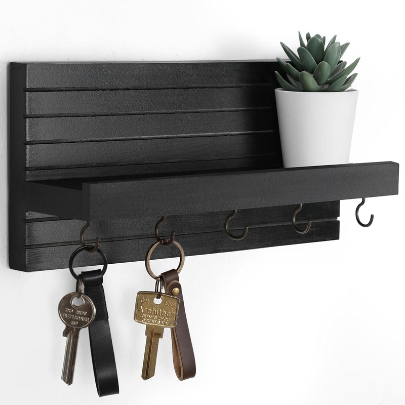 Decorative Key Holder for Wall with Shelf, Entryway Shelf with Hooks Holds Leashes, Jackets and Glasses  Sturdy Wood Keyholder Entrance Hanger with Mounting Hardware (Black)
