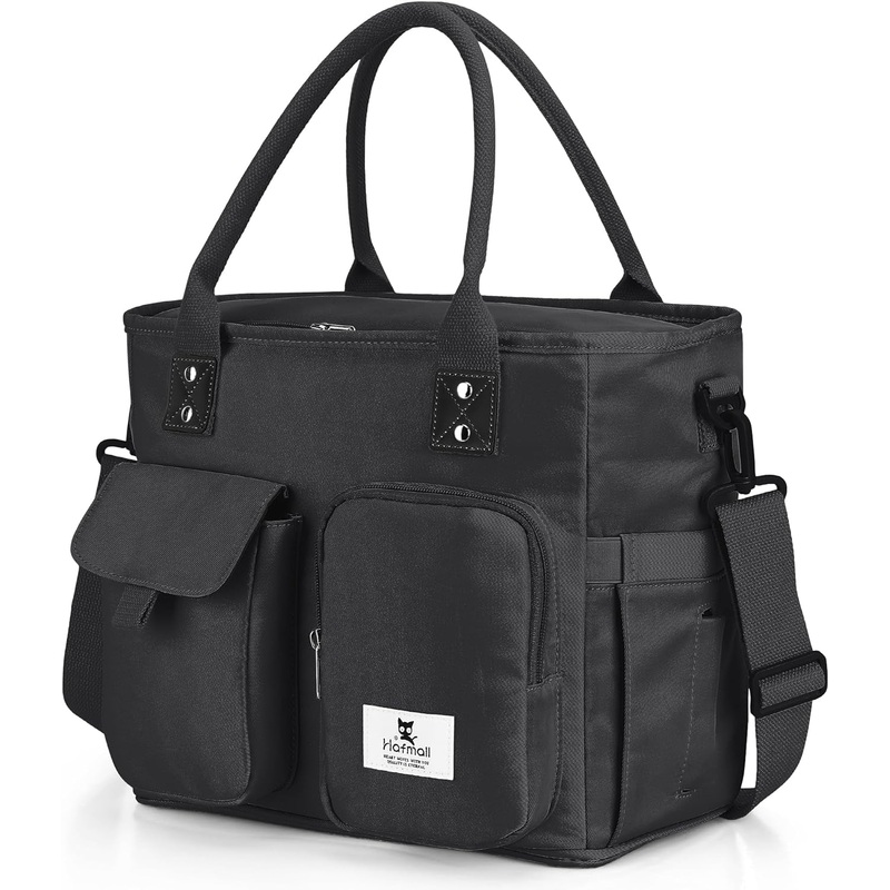 Hafmall Large Insulated Lunch Bag for Women Men, Leakproof Lunch Box for Adults, Wide Opening Lunch Tote Bag with Shoulder Strap, Reusable Lunch Cooler Bag for Work, Picnic, Black