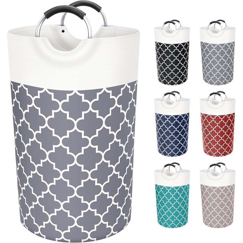 Large Laundry Basket Laundry Hamper Bag Washing Bin Clothes Bag Collapsible Tall with Handles Waterproof Travel Bathroom College Essentials Storage for College Dorm, Family (Grey) 82L