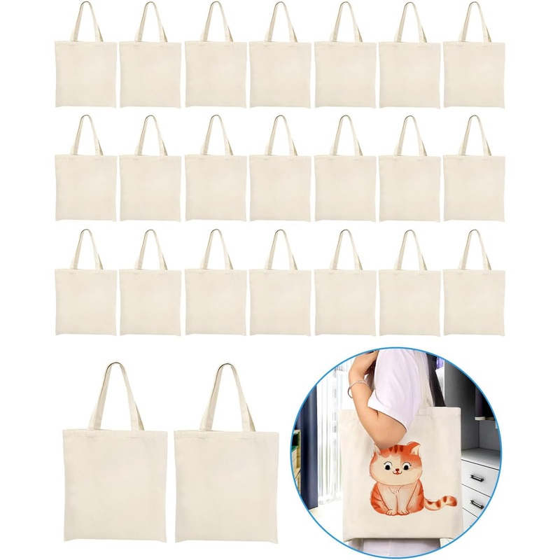 Lzerking Canvas Tote Bag Bulk 24 Pack 14X15 Inches Sublimation Tote Bags, 10Oz Lightweight Medium Reusable Grocery Shopping Cloth Bags for Heat Transfer Vinyl