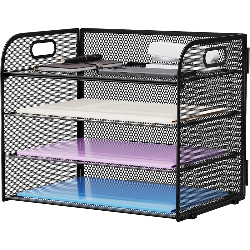Marbrasse 4 Tier Paper Organizer Letter Tray - Mesh Desk File Organizer with Handle, Paper Sorter Organizer for Letter/A4 Office File Folder Holder (Black, 12.6" X 9.1" X 10.7")